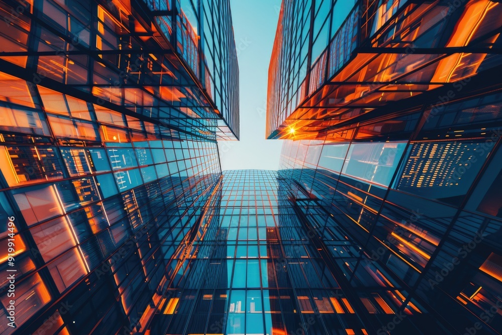 Poster a tall building with many windows in a cityscape, ideal for urban or business-related projects