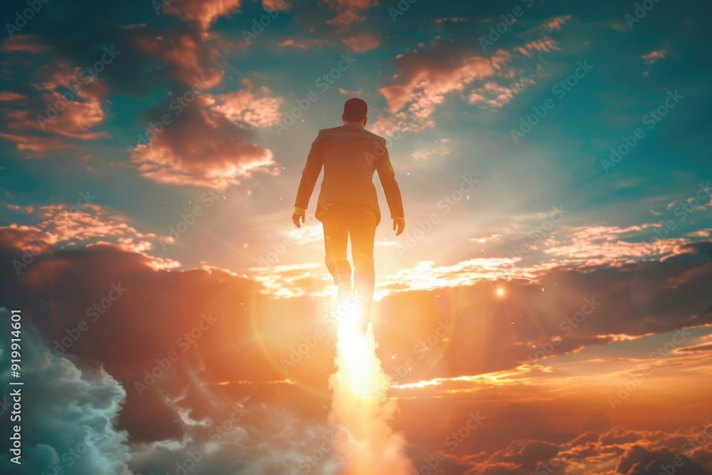 Poster a person stands at the summit of a mountain surrounded by a thick layer of clouds