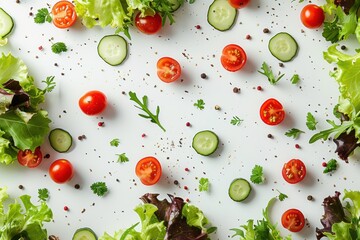 Fresh salad ingredients including cherry tomatoes, cucumber slices, and mixed greens scattered artfully on a white background.
