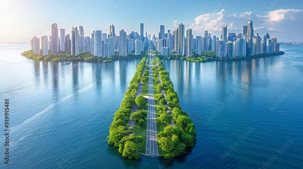 Poster depict a network of transparent roads weaving through the waves, connecting futuristic floating citi