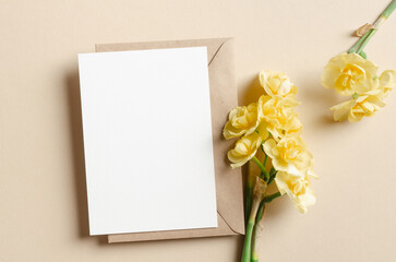 Greeting or invitation card mockup with daffodils flowers