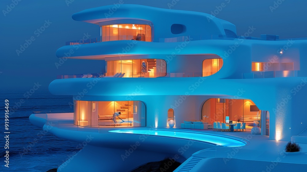 Poster design a cross-section of a futuristic house with smart windows that automatically adjust transparen