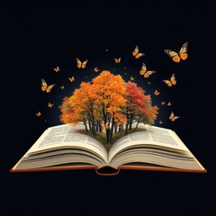 Autumn Leaves Emerging From Open Book With Butterflies.