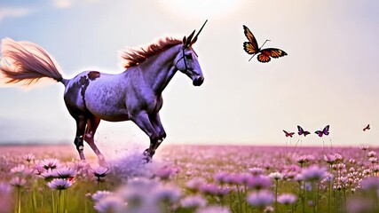 A unicorn gallops joyfully among vibrant flowers while butterflies flutter around