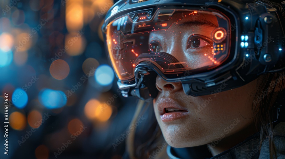 Poster design an immersive gaming environment where vr goggles users encounter ai opponents and navigate th