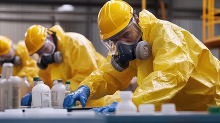Generate a photo realistic image of workers training on chemical handling procedures, with chemical spill response training, personal protective equipment (PPE), and chemical safety signage visible