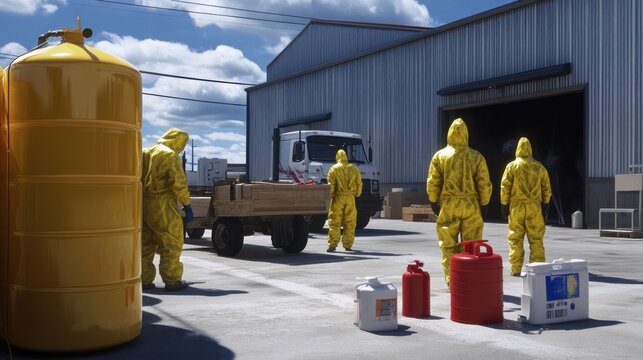 Generate a photo realistic image of workers training on handling hazardous materials (Hazmat), with Hazmat suits, spill kits, and containment procedures visible; ensure the image is of high resolution