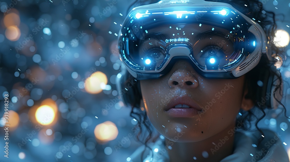 Poster develop a futuristic concept where vr goggles seamlessly integrate with ai-generated animations, cre