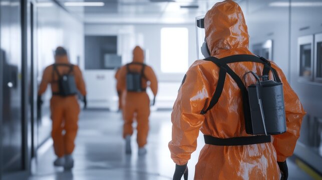 Generate a photo realistic image of workers training on biohazard handling procedures, with biohazard suits, containment measures, and decontamination protocols visible