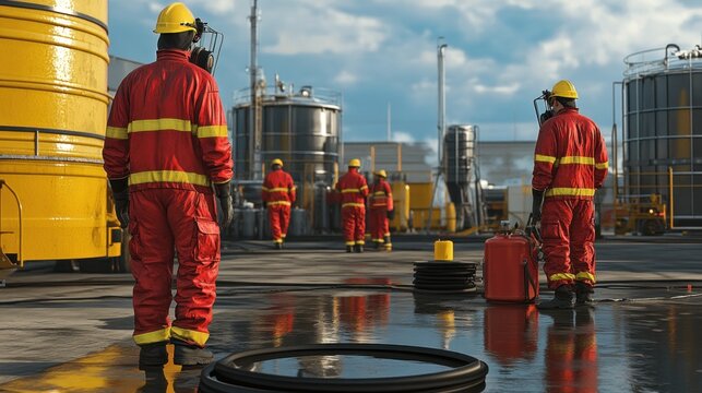 Generate a photo realistic image of workers training on chemical spill response, with spill containment equipment, spill cleanup procedures, and emergency response drills visible