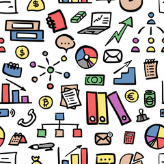 Vector seamless pattern with financial, economy doodles. Hand drawn colorful design for wallpaper, wrapping, stationery, textile.
