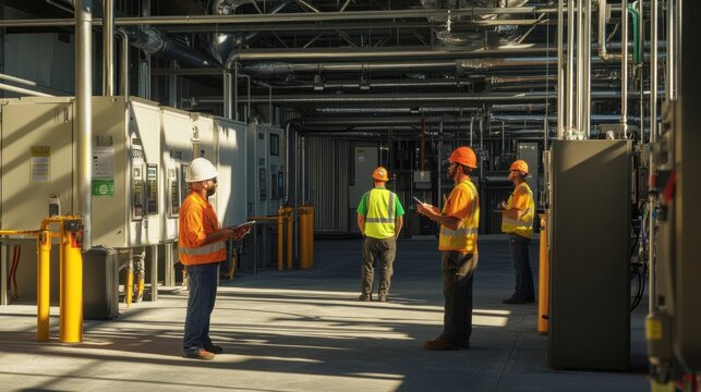 Generate a photo realistic image of workers undergoing training on heat stress management, with heat stress prevention techniques, hydration stations, and heat stress monitoring equipment visible