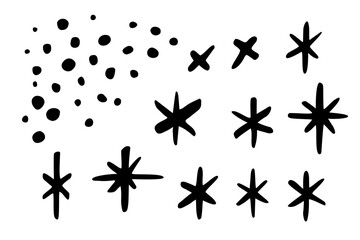 Vector set of hand drawn snowflakes and snow. Cute doodle elements, isolated on white background.