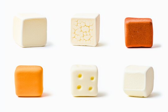 "Assorted geometric cubes in different textures and colors isolated on a white background, showcasing a variety of surfaces and materials."

