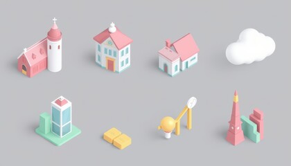 3D Isometric Cityscape Illustrations with Buildings and Objects.