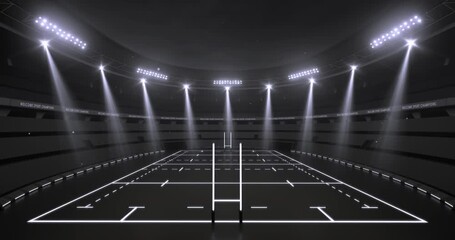 Impressive rugby stadium at night illuminated by light beams. Camera is rotating around sports field in endless 4K video loop. - Powered by Adobe