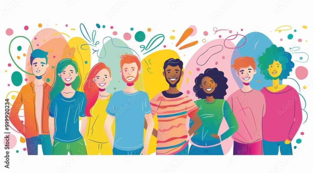 Poster a colorful illustration of people standing next to each other, smiling and looking at the camera the