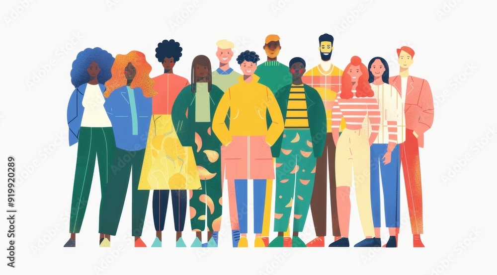 Poster a group of diverse people stand together in a colorful line art illustration with a flat design aest
