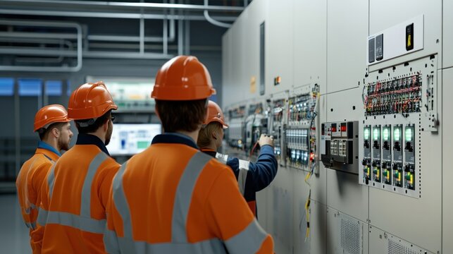 Generate a photo realistic image of workers undergoing training on electrical safety