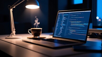 A cozy nighttime scene of a person immersed in coding on their laptop, a steaming cup of coffee within reach, and a dimly lit room.