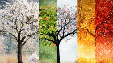 A tree with four different colored leaves, representing the four seasons