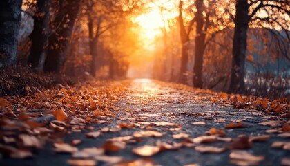 Autumn tree-lined path, scenic trails, vibrant colors, dynamic action