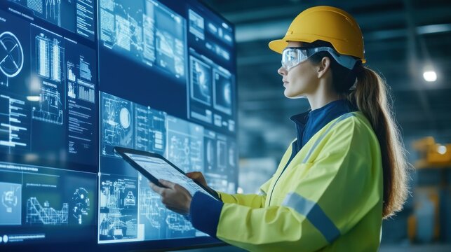 Generate a photo realistic image of a health and safety manager implementing a management system, with digital interfaces, safety manuals, and employee engagement visible