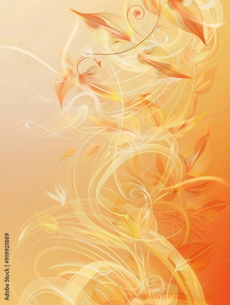 Poster autumn leaves with elegant swirl patterns in rich orange and yellow hues against a soft gradient bac