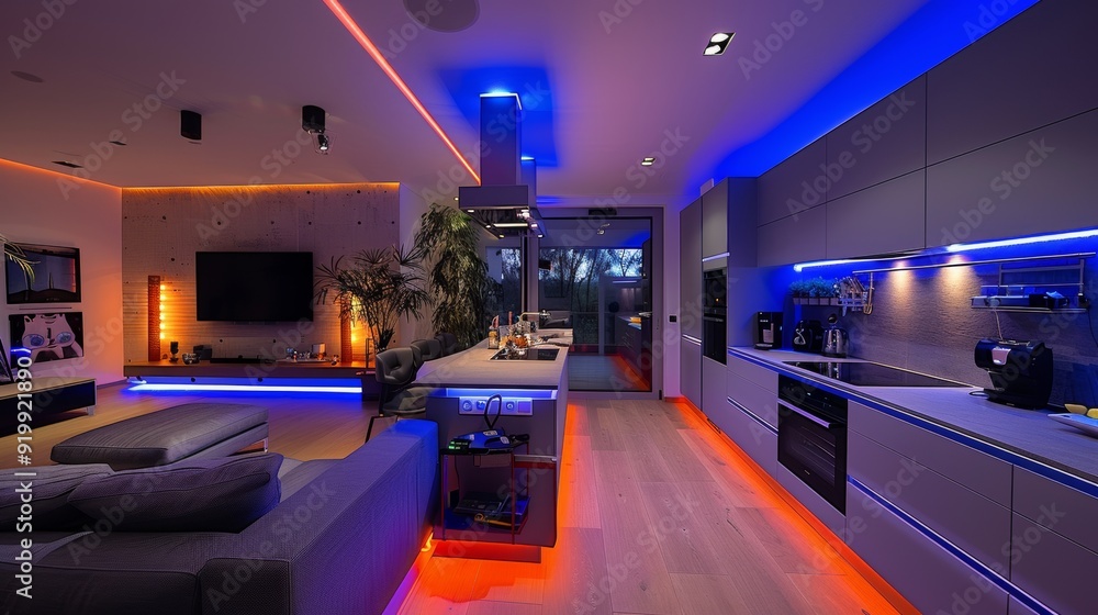 Poster design a modern kitchen with a built-in tv and led strips installed along the edges of the counterto