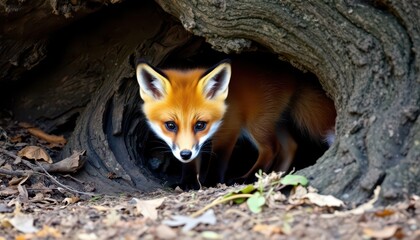 Fototapeta premium Red fox peeking out of tree hollow.