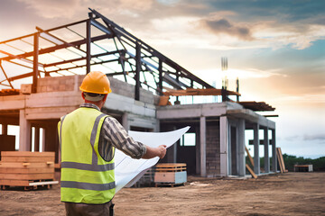 Construction Project Blueprint: A construction worker in a safety vest and hard hat stands on a construction site, reviewing blueprints against the backdrop of a partially built house under a dramatic