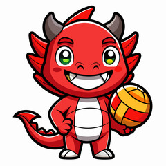 AWAII style illustration of A red dragon holding a volleyball ball