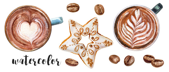 An Artistic Composition of Watercolor Illustrations Featuring Coffee and Delicious Pastries