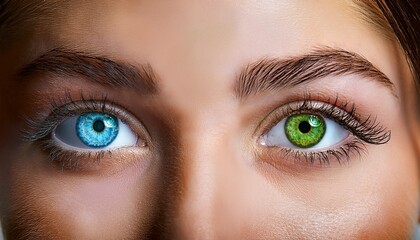Obraz premium A close-up view of a woman's eyes, showcasing heterochromia with one eye green and the other light blue.