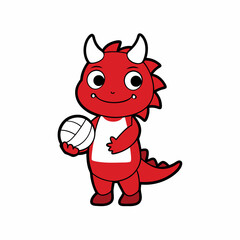 AWAII style illustration of A red dragon holding a volleyball ball