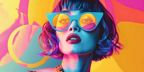 Bold and colorful pop-art style portrait of a woman with sunglasses