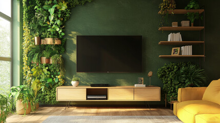 A cozy living room with a green wall and a sleek TV cabinet.