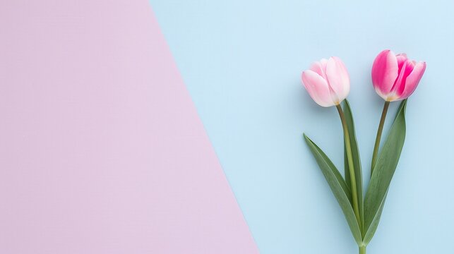 Minimalist Pink Tulips on Pastel Blue and Pink Background, Perfect for Spring Marketing, Banners, and Social Media Content with Ample Copyspace for Text
tulips, pink, pastel, flowers, minimalist, spr

