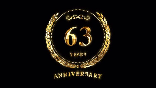 63rd Anniversary Celebration. Happy 63 Years Anniversary Animation in Gold Color on the Transparent Background, Alpha Channel. Great for greetings, celebrations, events, and gifts.