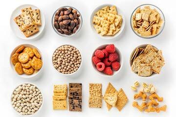 Different types of vegan snacks arranged on a white background