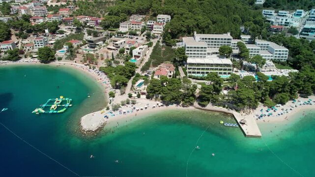 Flying Descend onto Croatian Beach, Baska Voda, Croatia (Ikovac Beach) 