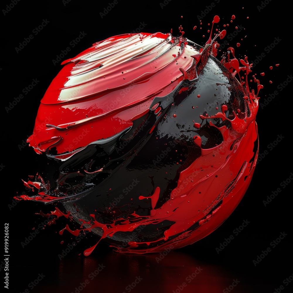Poster this striking and captivating 3d visualization showcases a red and black sphere, frozen in time as p
