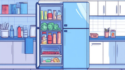 A kitchen fridge is loaded with groceries.