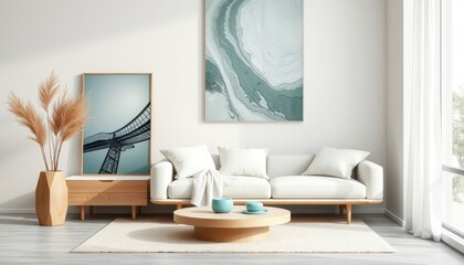Modern Living Room Interior Design with White Sofa, Wooden Coffee Table, and Abstract Artwork.