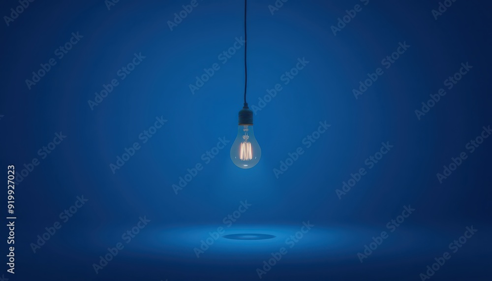 Poster single light bulb hanging against a blue background.