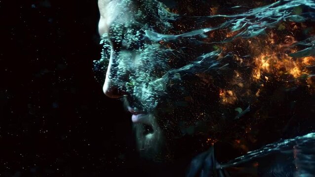 A contemplative young caucasian man is depicted in a digital art piece, his face partly dissolving into particles and light streaks against a dark background. The mood is intense and dramatic,