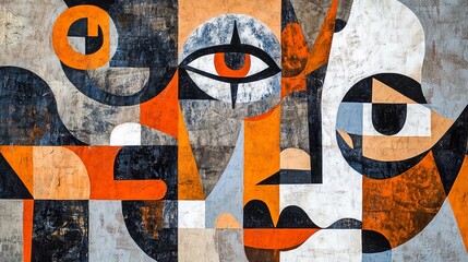 Naklejka premium Abstract Cubist Faces with Orange and Grey Palette, Geometric Shapes, and Fragmented Forms on Textured Background.