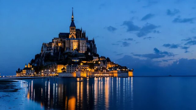 timelapse on Mont St Michel with the changing tides and moving clouds