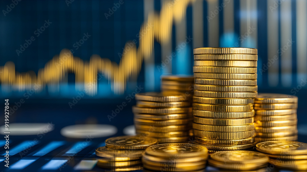 Poster golden coins stacked with financial graphs in the background - an illustration of golden coins stack