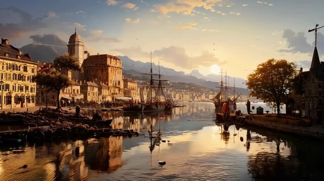 busy day in the harbor of a thriving18TH century port city